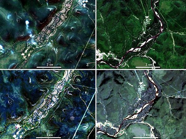 RGB снимки территорий с дражными отвалами на реках Большой Куранах (слева) и Коболдо (справа)